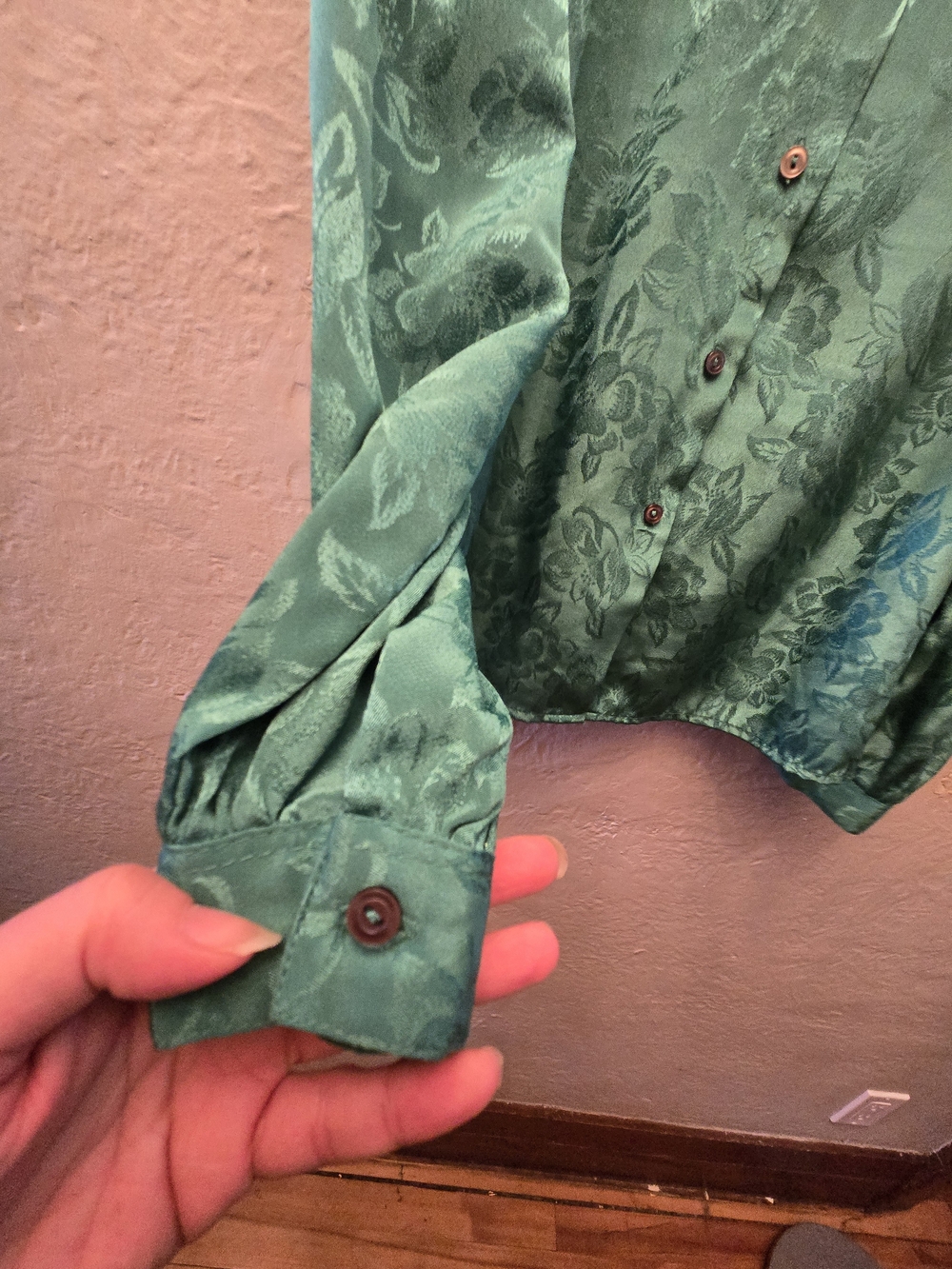Vintage Editions Emerald Green Floral Jacquard Blouse Women's Medium - Picture 11 of 12
